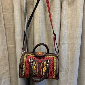 Embroidered Red & Yellow Women's Satchel with Adjustable Strap